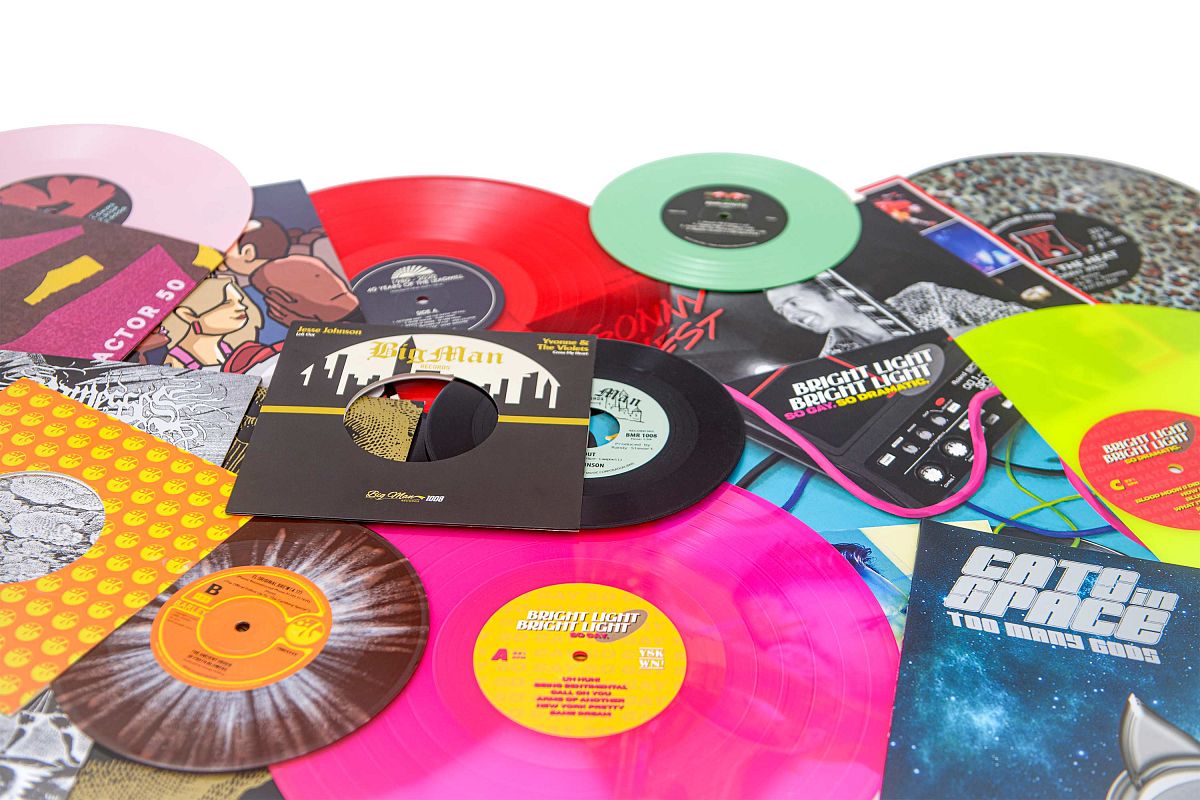 colour vinyl records in 7" printed sleeves and 12" gatefold sleeves