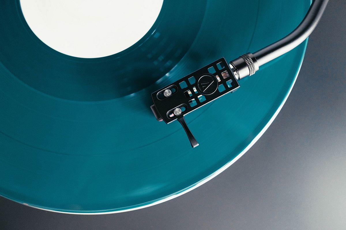 Blue vinyl record on turntable