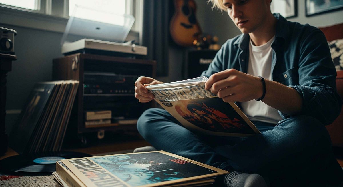 Young person removes shrink wrap from record.