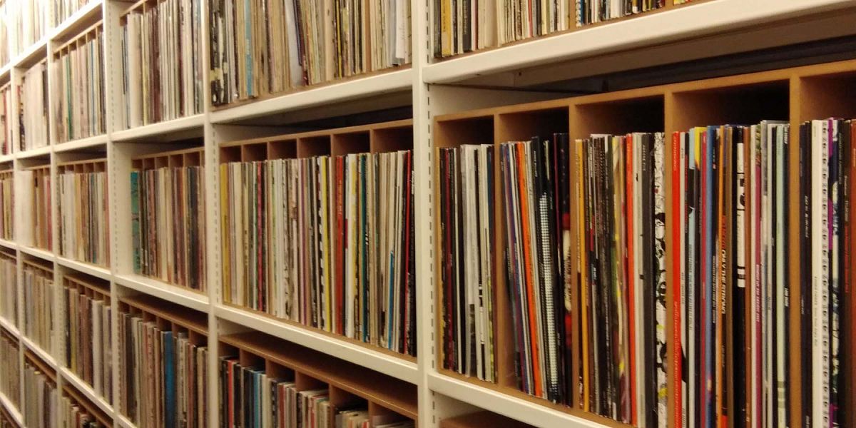 shelves storing vinyl records